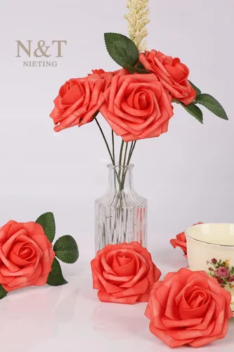 Miniatura 6 de N&T NIETING Flores artificiales, 25 rosas falsas de espuma de coral de aspecto real con tallos para ramos de boda, centros de mesa de despedida