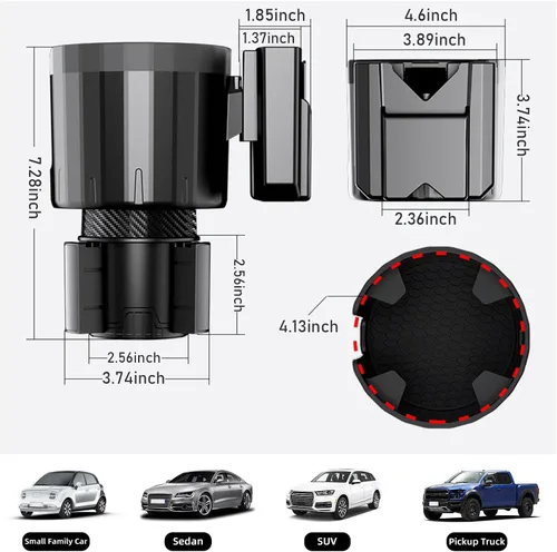 Miniatura 2 de Adaptador expansor de portavasos para automóvil, expansor de portavasos ajustable 3 en 1 con soporte para teléfono y organizador de tarjetas, se