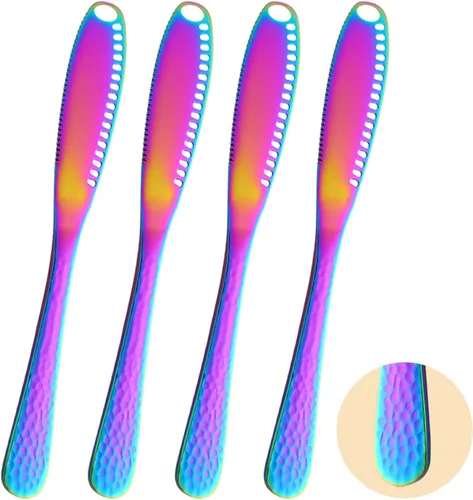 MINGYU - Juego de 4 cuchillos esparcidores de mantequilla de acero inoxidable martillado, 3 en 1, multifunción, utensilios de cocina, rizador y