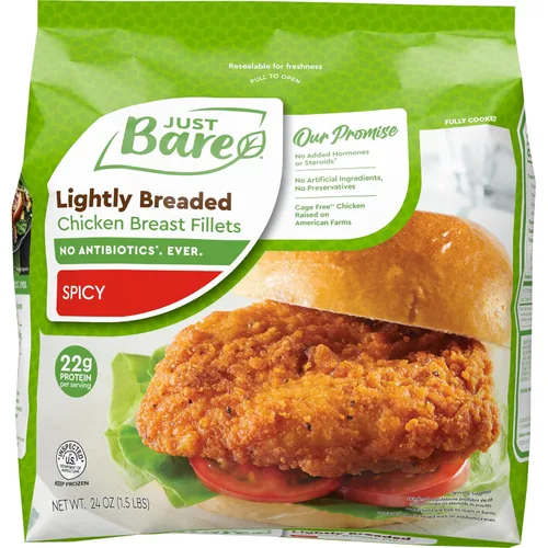 Just BARE Filetes de pechuga de pollo ligeramente empanados y picantes | Totalmente cocinados | 22 G de proteína | Congelados | 1.50 LB