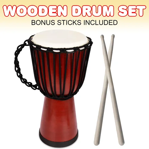 Miniatura 2 de ArtCreativity Set de tambor Djembe de madera de 16 pulgadas con baquetas, diseño de tambor africano de madera marrón rústico, instrumento musical