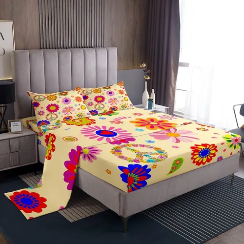 Miniatura 12 de Juego de sábanas para niñas, tamaño individual, diseño floral bohemio de los años 60 y 70 años, diseño hippie kawaii, decoración de habitación