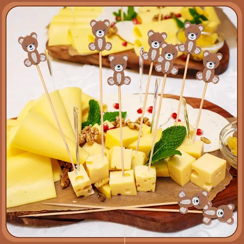 Miniatura 4 de Tioncy 100 unidades de palillos de cóctel con diseño de oso, palillos de dientes de oso de 4.7 pulgadas para aperitivos, pinchos de bambú