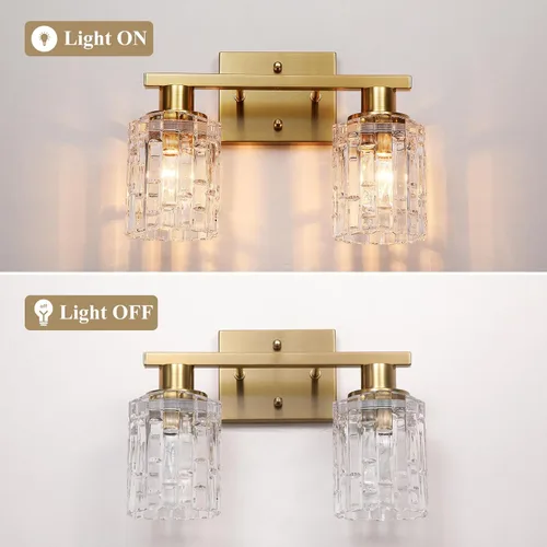 Miniatura 6 de 2 luces de tocador de baño de oro cepillado sobre el espejo, iluminación moderna de tocador con pantalla de cristal de cristal, accesorios