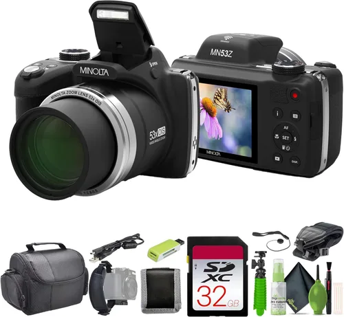 MINOLTA MN53Z 16 MP / 1080P FHD Cámara digital bridge con zoom óptico de 53x (negro) Paquete con tarjeta de memoria de 32GB + bolsa para cámara +