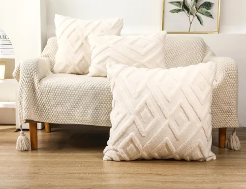 Miniatura 3 de Juego de 2 fundas de almohada de piel sintética beige de 16x16, funda de almohada decorativa de cuadros suave estilo boho para sofá, cama, sala