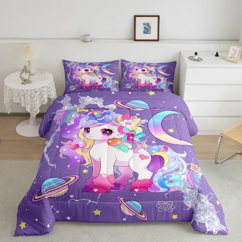 Miniatura 17 de Feelyou Juego de ropa de cama de unicornio para niñas, bonito edredón con purpurina de unicornio de dibujos animados arco iris para niños, juego
