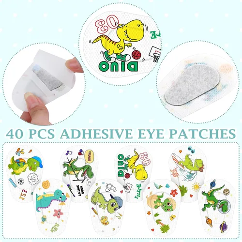 Miniatura 3 de Timgle 40 parches para ojos para niños, lindos dinosaurios, bloqueo de luz, divertidos vendajes adhesivos para ambliopía, ojo cruzado perezoso