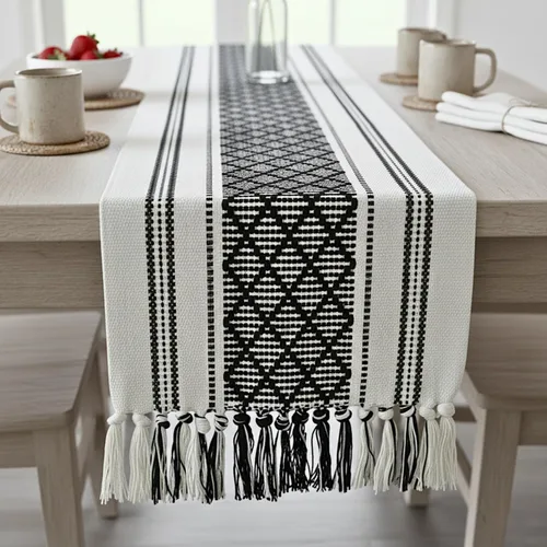 Camino de mesa de café corto bohemio con borlas de 14 x 48 pulgadas, color negro y crema/tejido lavable bufanda y cubrecolchón para dormitorio,