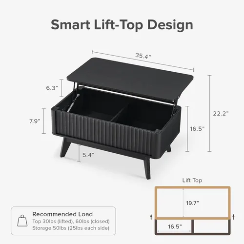 Miniatura 2 de mopio Brooklyn Mesa de Centro con Tapa Elevable para Sala de Estar, Mediados de Siglo, Granja Moderna con Superficie Elevable y Almacenamiento Roble