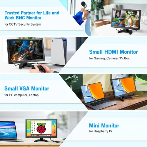 Miniatura 3 de Haiway Monitor de seguridad de 14 pulgadas, resolución de 1366 x 768, monitor de PC pequeño con altavoces integrados con puertos HDMI/VGA/BNC/AV