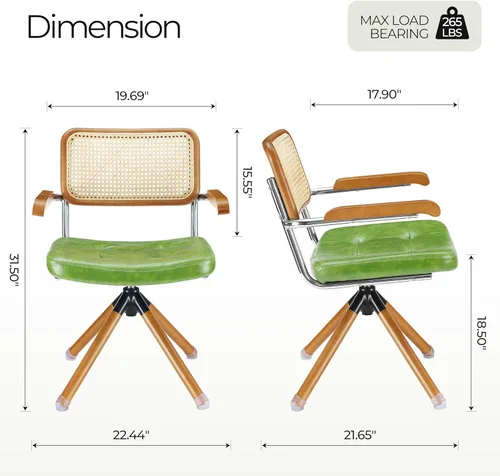 Miniatura 2 de Zouron Silla de escritorio moderna de mediados de siglo, silla de oficina de piel sintética sin ruedas, sillón giratorio con respaldo de ratán