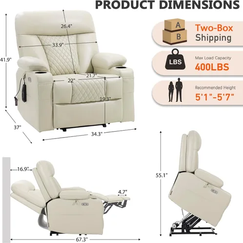 Miniatura 3 de EONIX SLRY019020 - Silla reclinable eléctrica para adultos mayores con calor y masaje, sillas reclinables eléctricas resistentes de 400 libras