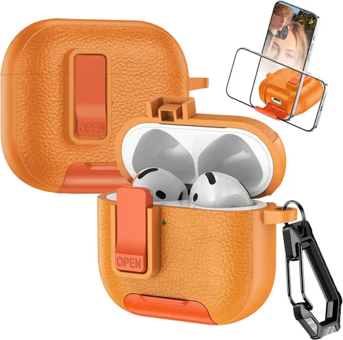 Miniatura 11 de Funda de cuero con clip de bloqueo para AirPods Pro 2ª/1ª con mosquetón, soporte de carga inalámbrica con soporte, cubierta de protección resistente