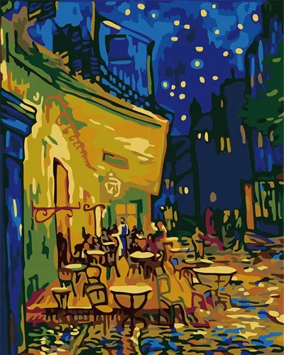 YEESAM Art Pintura por números para adultos, terraza de café por la noche, 16 x 20 pulgadas, lienzo de lino acrílico, kit de pintura numérica para