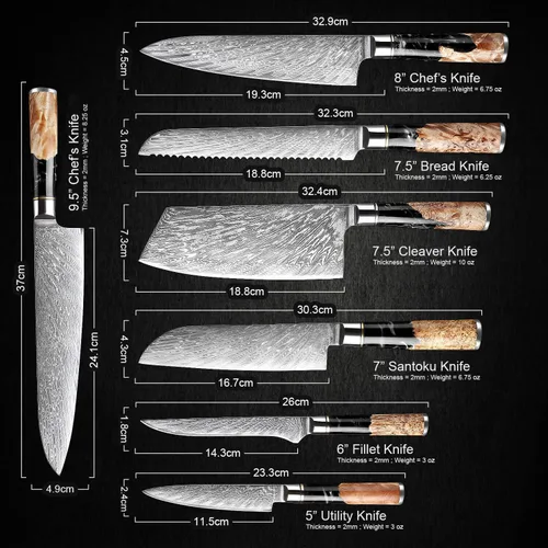 Miniatura 6 de SENKEN Juego de 7 piezas de cuchillos de cocina de Damasco - Colección Tsunami - Acero VG10 japonés de 67 capas - Cuchillo de chef, cuchillo