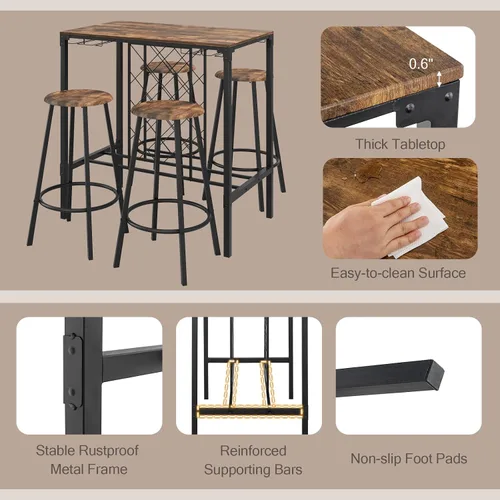 Miniatura 5 de COSTWAY Juego de comedor de 5 piezas de altura de barra, mesa y taburetes para 4 personas con estantes para vino y soportes para vidrio, juego