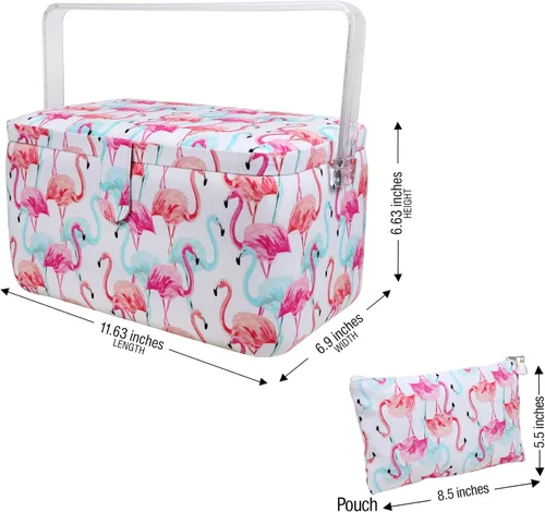 Miniatura 4 de SINGER Cesta de aparejos grande de alta calidad, estampado de flamenco pastel con kit de costura de viaje de emergencia y bolsa con cremallera a