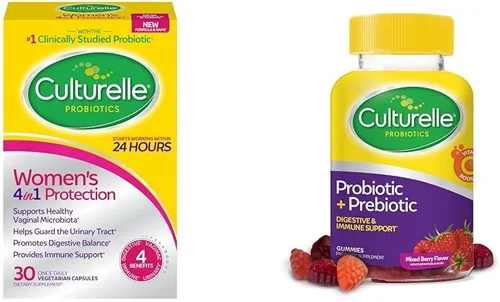 Culturelle Probióticos 4 en 1 para mujeres para salud digestiva y vaginal con gomitas probióticas diarias para hombres y mujeres, salud digestiva,