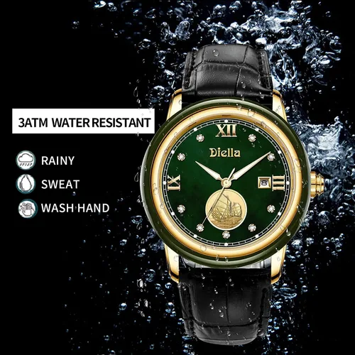 Miniatura 9 de Diella Luxury Dress Watches for Men with Japanese Quartz Movement, Men's Classic Wrist Watches with Black Leather Band, Dark Jade, Gold and Steel