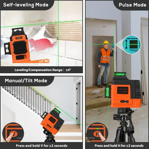Miniatura 3 de Takamine Nivel láser de 12 líneas autonivelante 3x360° 3D con línea cruz verde para construcción/colgado de cuadros, control remoto, batería