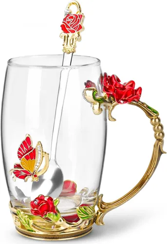 OEAGO Regalos para Mujeres Mamá Madres Taza de Té Mejores Cumpleaños Mariposa Rosa Regalos para Ella de Hija Hijo Taza de Vidrio para Café Navidad