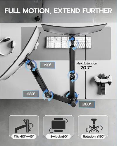 Miniatura 5 de ARES WING Soporte para Monitor Dual - Brazo de Monitor Ultraancho para Pantalla Curva de Servicio Pesado de 17 a 40 Pulgadas hasta 26.4 libras