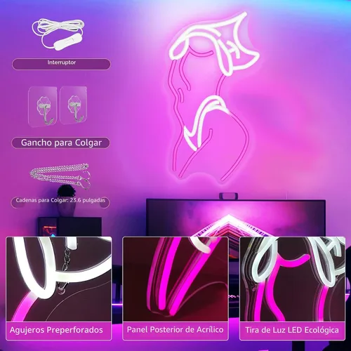Miniatura 5 de Letreros de neón de mujer para decoración de pared, letreros de neón en rosa y blanco con luz LED para decoración de habitación estilo preppy, A-Dama