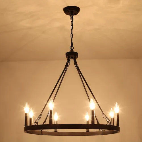 Miniatura 2 de Candelabro Negro de Rueda de Vagón Diámetro 26 pulgadas 8 Luces Candelabros Negros Estilo Granja para Comedor Lámpara Colgante Redonda Rústica