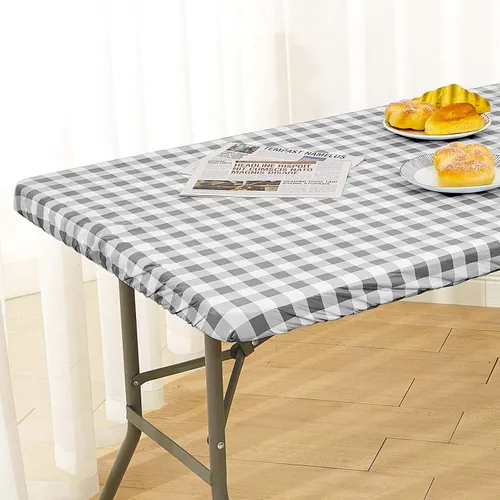 Miniatura 2 de Zhenrui Mantel rectangular elástico ajustable de 6 pies, impermeable, a prueba de derrames, de vinilo, estampado a cuadros grises con franela