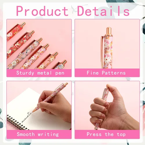 Miniatura 5 de TIESOME 6 piezas de bolígrafos de bola de arte floral, bolígrafo retráctil de 1.0 mm de moda, bolígrafo negro personalizado, adecuado para mujeres