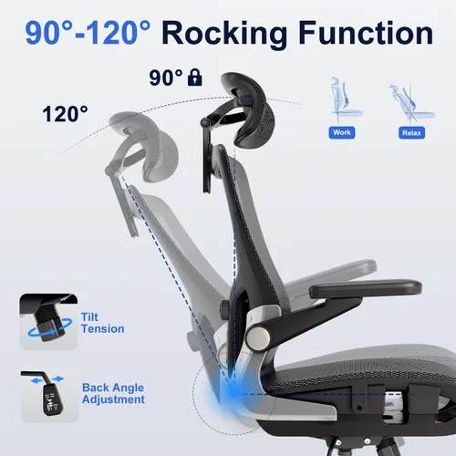 Miniatura 9 de marrap Silla de oficina ergonómica, cojín de asiento de malla con reposabrazos 3D y reposacabezas 3D, soporte lumbar ajustable con función de Negro