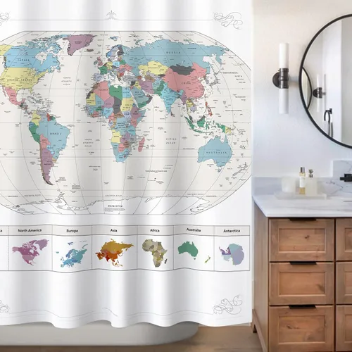 Miniatura 4 de Sunlit ¡Nuevo! Mapa extra largo del mundo con ciudades importantes detalladas. Cortina de ducha de tela repelente al agua sin PVC, no tóxica e
