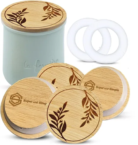 Miniatura 9 de Tapas de Bambú para Frascos de Yogur La Fermiere Paquete de 4 Diseño de Flores Aster Tapas de Bambú con Grabado Floral para Frascos de Cerámica