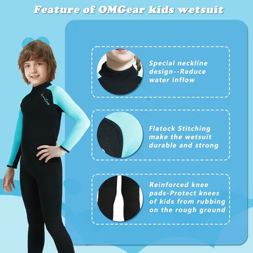 Miniatura 2 de OMGear Traje de neopreno corto de neopreno de una pieza para niños, de 0.18 pulgadas, 0.118 pulgadas, manga corta, con cremallera trasera, traje