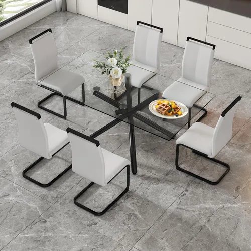 Miniatura 19 de Juego de 8 mesas de comedor de cristal, moderno juego de mesa de comedor de 71 pulgadas con 8 sillas de comedor tapizadas de piel sintética