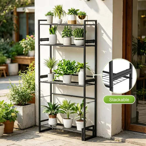 Miniatura 4 de VyGrow Soporte para plantas, soporte apilable para plantas de 4 niveles, estante escalable resistente para plantas altas para interiores y negro