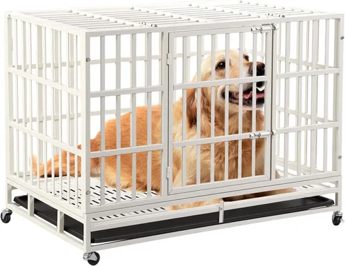 Miniatura 8 de Jaula para perros resistente de 60 pulgadas, plegable, sin montaje, jaula grande para perros a prueba de escape, con ruedas con cerradura, corralito