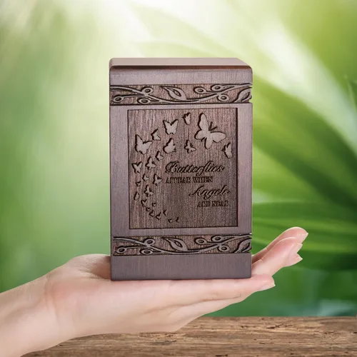 Miniatura 13 de Urnas de cremación para cenizas humanas adultas, masculinas y femeninas, cajas y ataúdes de madera tallada con mariposas para cenizas de hombres