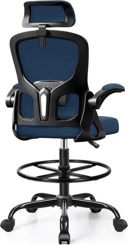 Miniatura 10 de Silla de dibujo, silla de oficina alta para escritorio de pie, respaldo alto ergonómico con reposacabezas, soporte lumbar, anillo para el pie y Negro