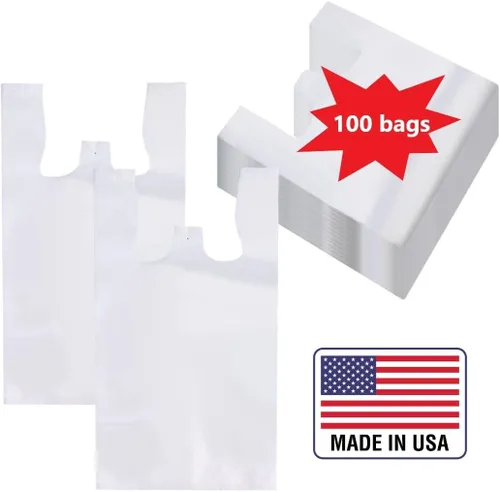 Miniatura 2 de ROYALNA 100 unidades, bolsas de plástico para compras de playera blancas (12" x 6.5" x 21"), reutilizables y desechables para restaurantes, tiendas