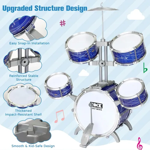 Miniatura 3 de Juego de batería para niños pequeños de 1 a 3 años, kit de batería de jazz de 5 piezas con taburete, pedal de bajo y platillo, instrumento musical