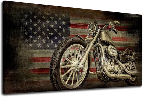yearainn Arte de pared de motocicleta con bandera estadounidense, mapa vintage de Estados Unidos, decoración de pared retro de motocicleta, paseo