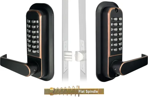 JOUNJIP Cerradura de puerta con manija de combinación mecánica sin llave [husillos planos], sin baterías, sin energía, no necesita llave (bronce