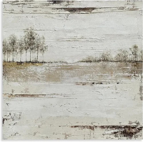Miniatura 3 de Yihui Arts Arte de pared del paisaje del lago - Pintura rústica de granja en lienzo con árbol texturizado y acentos de lámina dorada