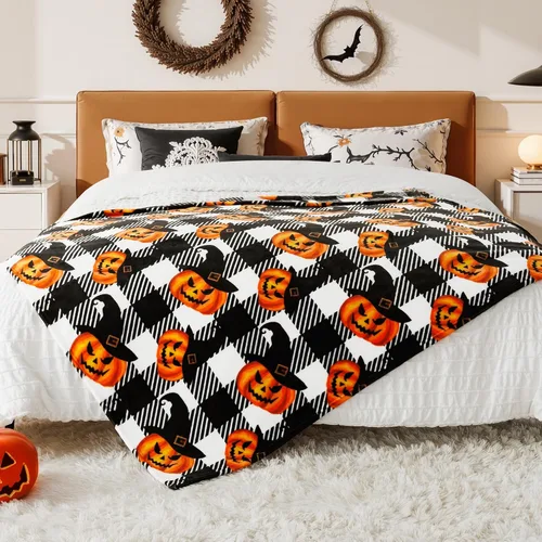 Miniatura 6 de Touchat Manta de Halloween, manta de forro polar, manta a cuadros de búfalo para sofá, cama, suave, cálida, acogedora, manta de felpa a cuadros