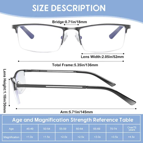 Miniatura 4 de KONHAGO Lentes de lectura con bloqueo de luz azul para hombres, lectores de metal de medio marco, con bisagra de resorte, antifatiga ocular