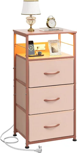 Miniatura 9 de WLIVE Mesita de noche con estación de carga, mesita de noche de 31.9" de altura con 3 cajones de tela, mesa de noche con LED con puertos USB