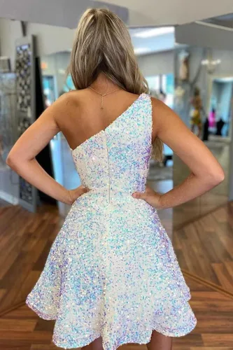 Miniatura 2 de Vestidos cortos de lentejuelas para fiesta de exalumnos, vestidos cortos brillantes de un hombro para adolescentes, vestido de baile acampanado