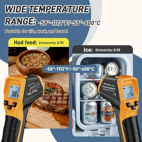 Miniatura 5 de Termómetro infrarrojo láser pistola de temperatura -58℉ a 1112℉, con calibración Cal y emisividad ajustable, medida mínima y máxima, para cocinar
